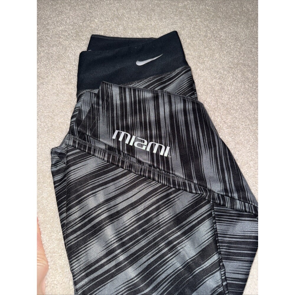 Nike university of Miami Leggings Small Black Stretch DRI FIT Stripped EUC